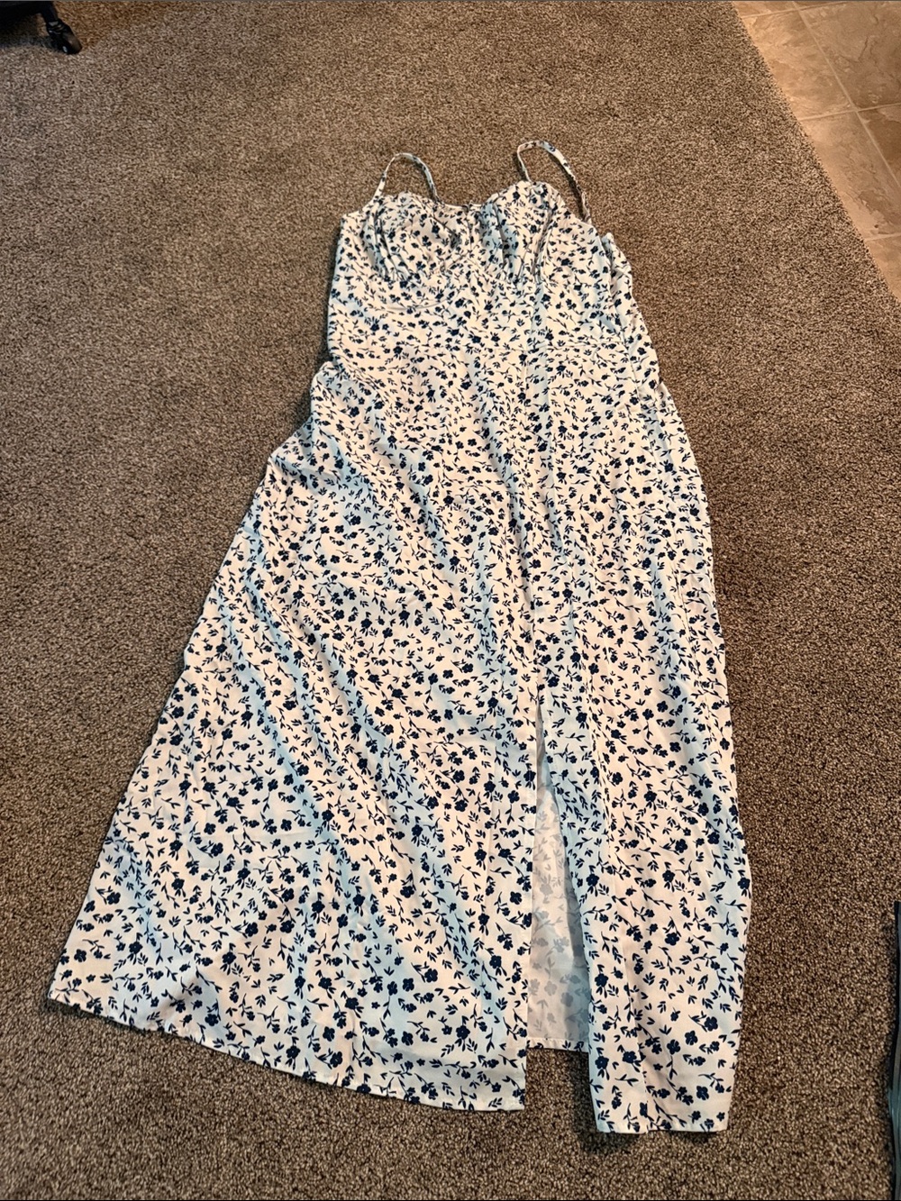 White Maxi Slip Dress with Navy Floral Print Shein Size L